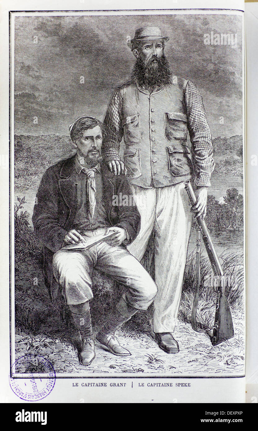 Grabado, placa ilustrativo de 'Les Sources du Nil. Journal de voyage du Capitaine John Hanning Speke' (1865), de John Hanning Foto de stock