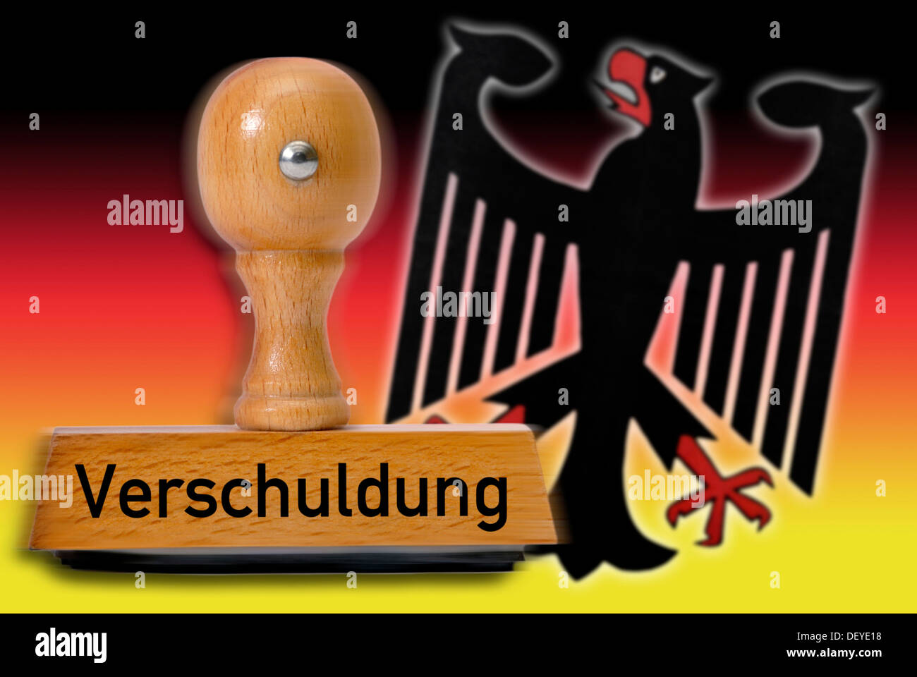 Sello con la palabra 'Verschuldung', la deuda, el águila alemana y colores nacionales Foto de stock