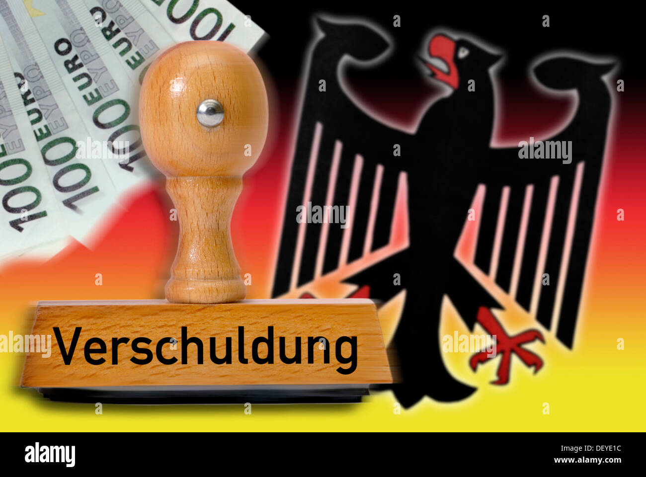 Sello con la palabra 'Verschuldung', la deuda, el águila alemana y colores nacionales Foto de stock