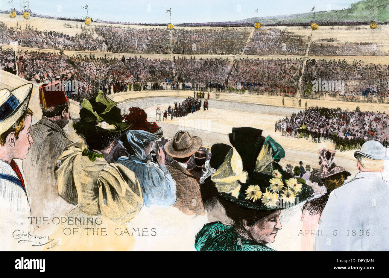 Las ceremonias de apertura de los primeros Juegos Olímpicos modernos en Atenas, Grecia, la xilografía coloreada a mano Foto de stock