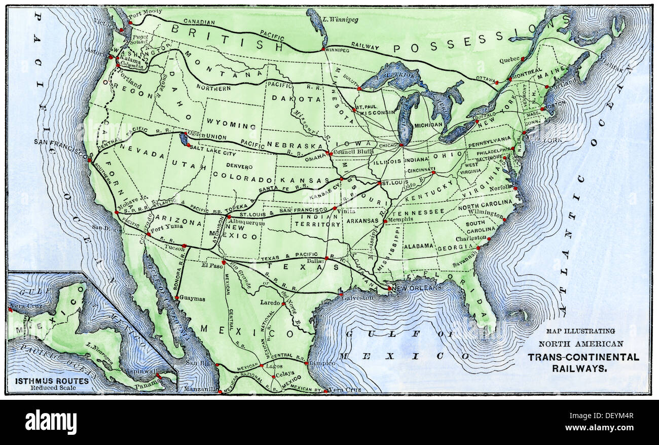 Mapa del ferrocarril transcontinental de América del Norte, a finales de 1800. Xilografía coloreada a mano Foto de stock