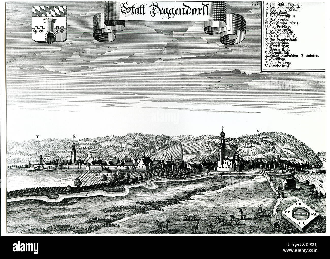 Deggendorf, Baja Baviera, Baviera, del libro Topographie Bayern por M. Wenning, 1700 Foto de stock
