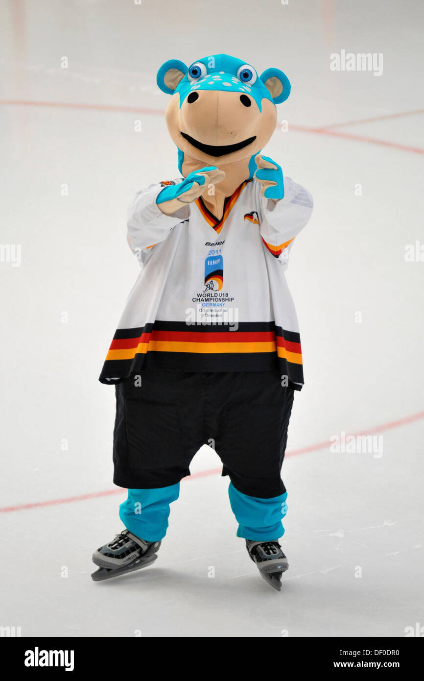 Urmel, la mascota del equipo nacional alemán de Hockey sobre Hielo. Foto de stock