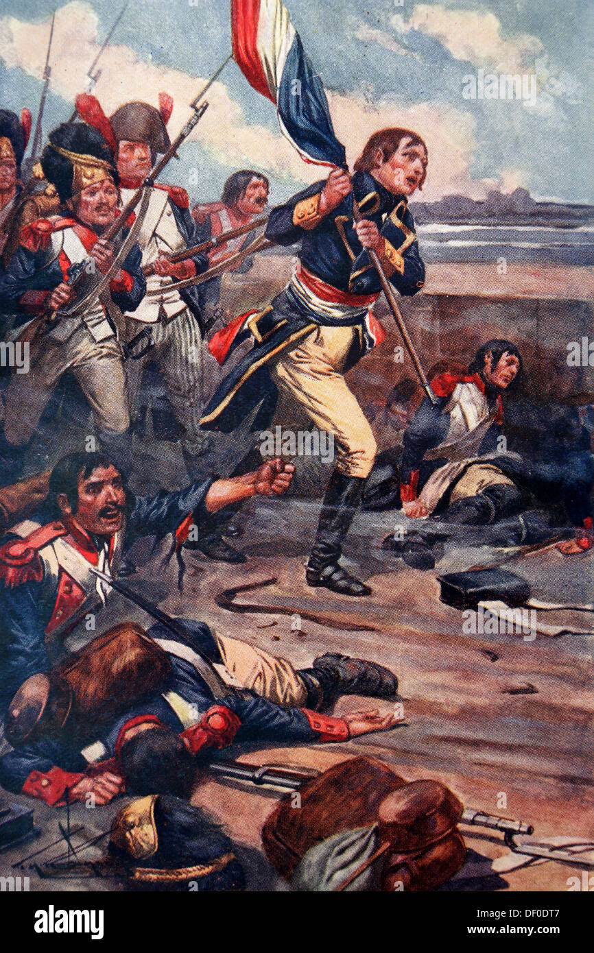 Ilustración de Napoleón Bonaparte sosteniendo la bandera francesa líder de su ejército en el puente de Arcola Italia Foto de stock