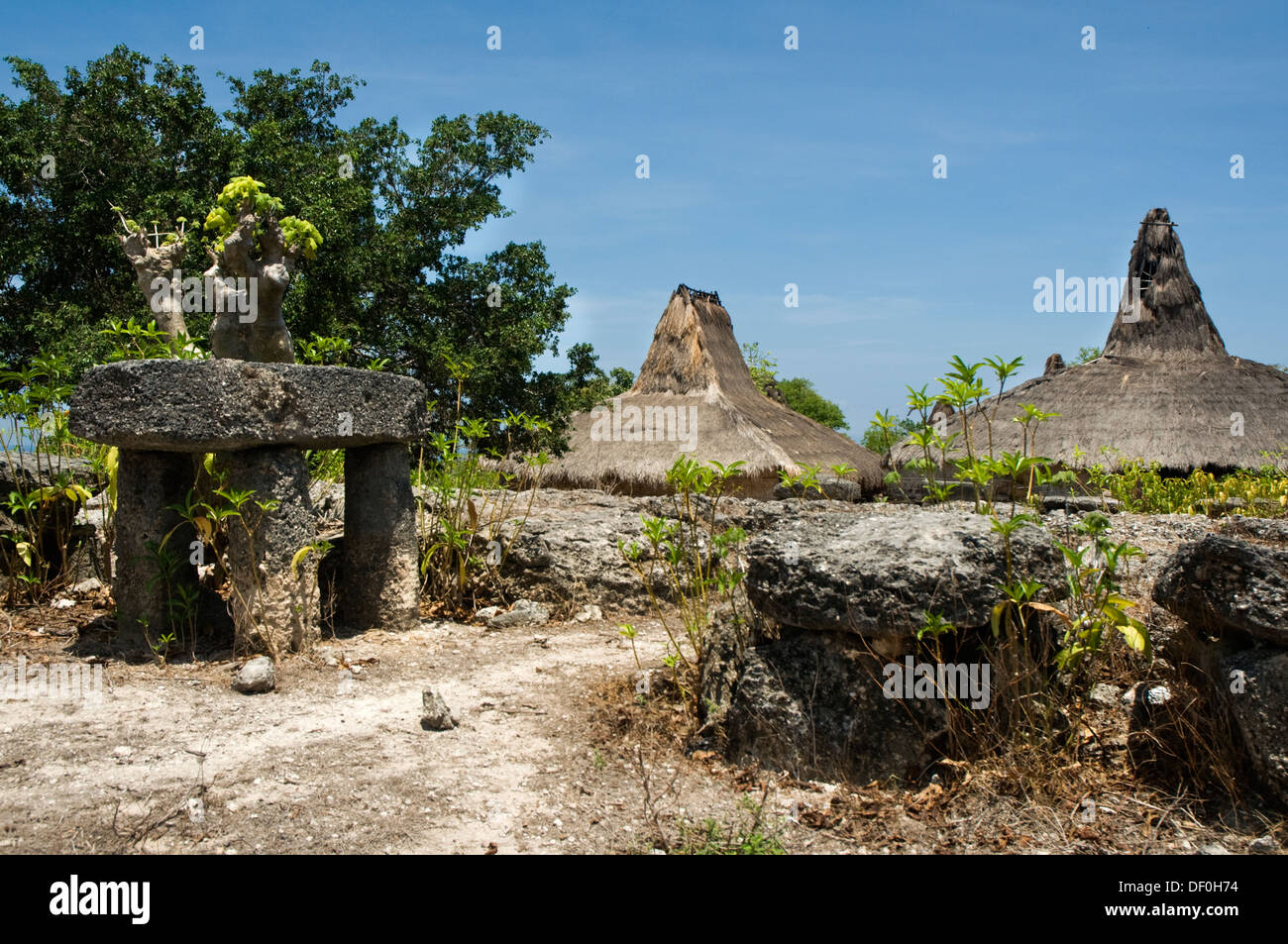 INDONESIA, Sumba, Prailiang, Colina Village, con tejados de paja tradicionales de alto señaló Foto de stock