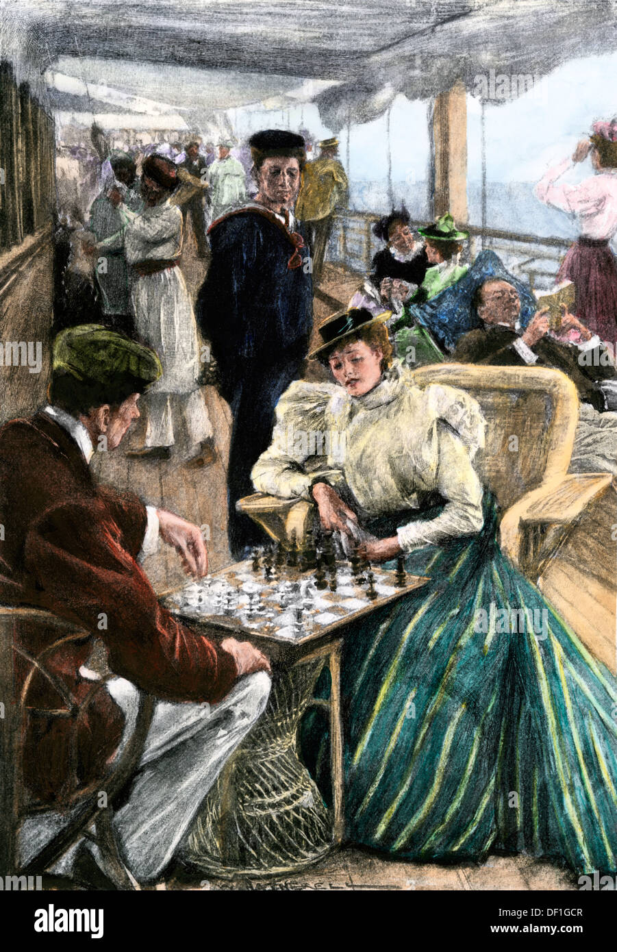 Los pasajeros de recreación de la tarde sobre la cubierta de un barco de vapor P & O circa 1900. Xilografía coloreada a mano Foto de stock