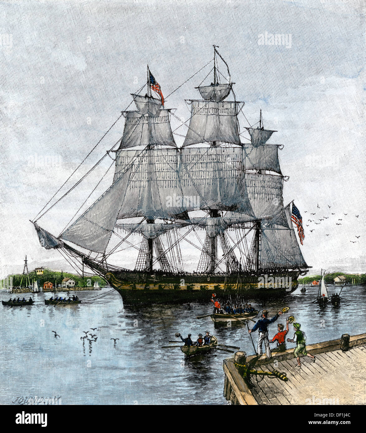 USS 'Constitución' siendo remolcado fuera del puerto de Boston, 1812. Xilografía coloreada a mano Foto de stock
