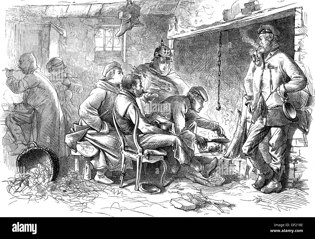 El acantonamiento de soldados en la cocina, xilografía de 1864 Foto de stock