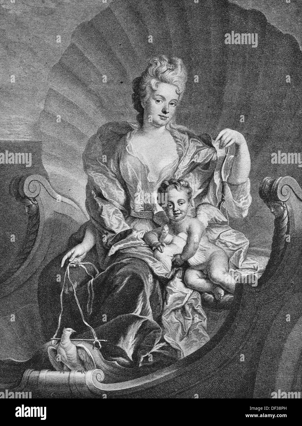 La condesa Cosel, maestra de Augusto II el fuerte, muestra como Venus, grabado en cobre después de una pintura por F de Troy, 1850 Foto de stock