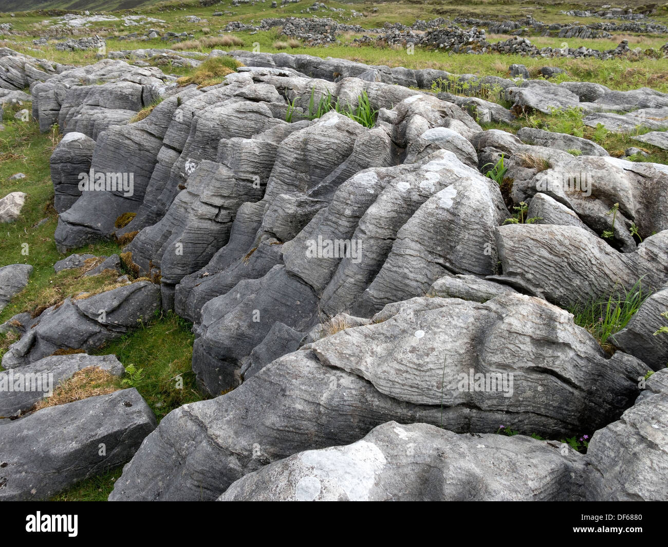 Capeado erosionado doloarenitos / pavimento de piedra caliza, formación rocosa Suardal Strath, Isla de Skye, Escocia, Reino Unido. Foto de stock