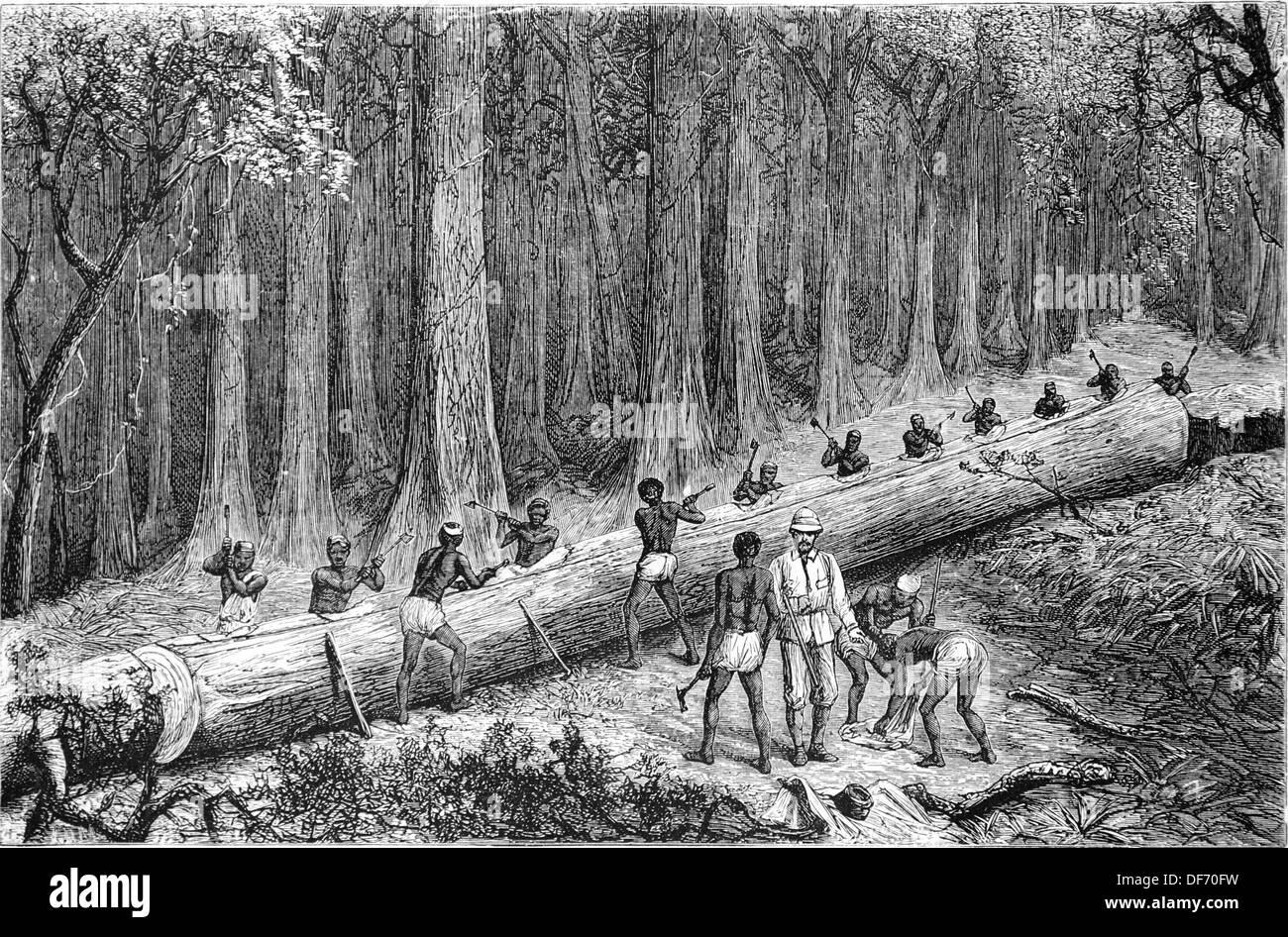 África. Expedición de Stanley. Cortar teh nuevo 'Livingstone Canoa'. Grabado por Com. "La ilustracion Nacional', de 1871. Foto de stock