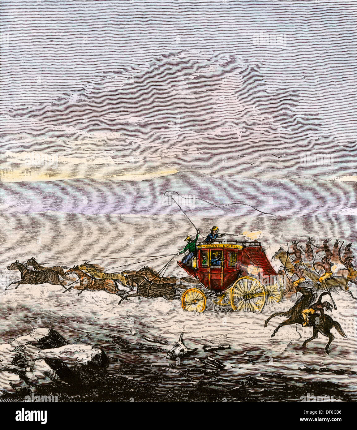 Western stagecoach atacado por los nativos americanos. Xilografía coloreada a mano Foto de stock