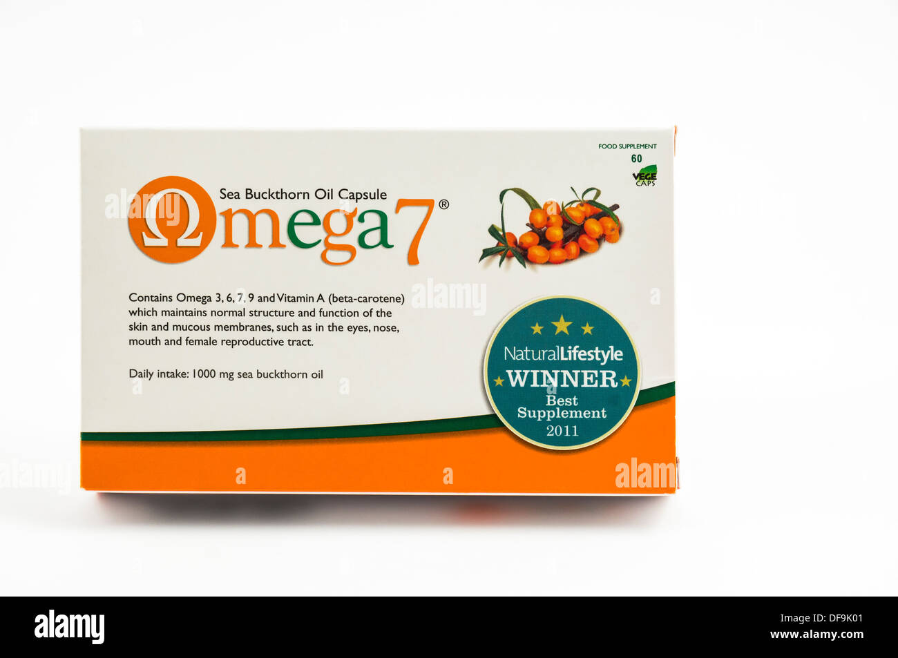 Las cápsulas de omega 7 (aceite de espino cerval de mar). Foto de stock