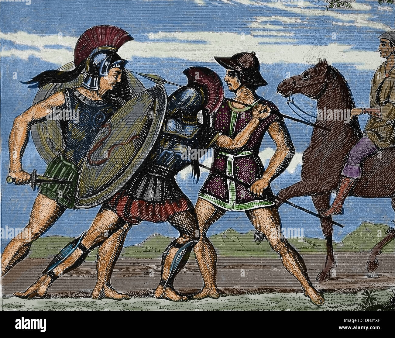 Grecian combate. Hoplita. Grabado Foto de stock