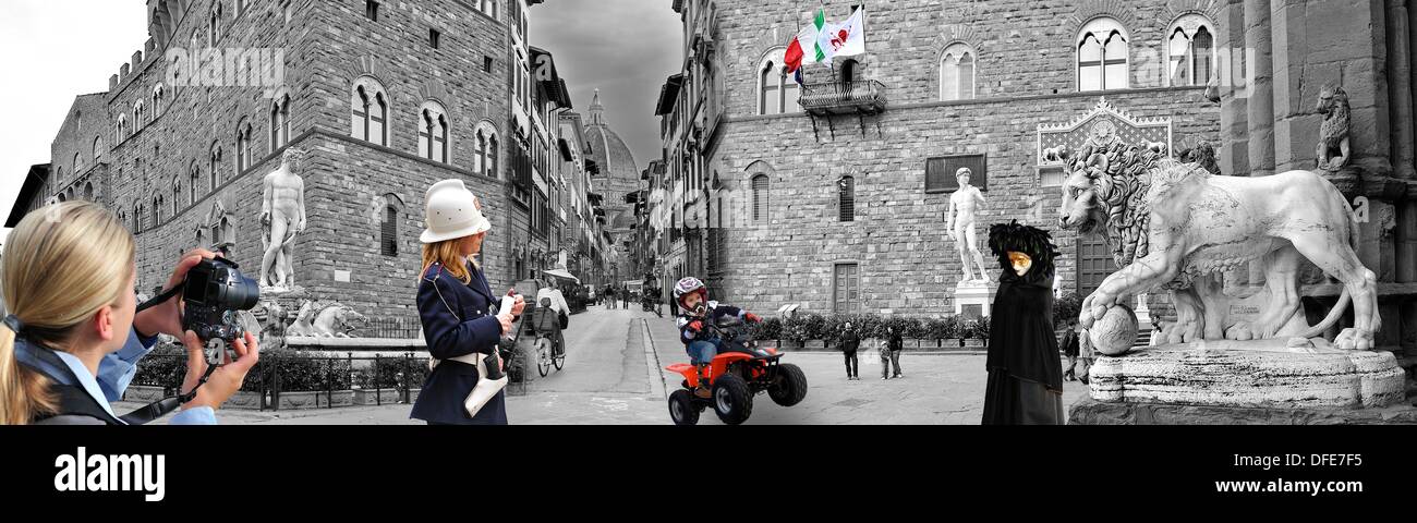 Fotomontaje en blanco y negro con acentos de color basado en la ciudad de Florencia, Italia, vemos diferentes personajes en el Foto de stock