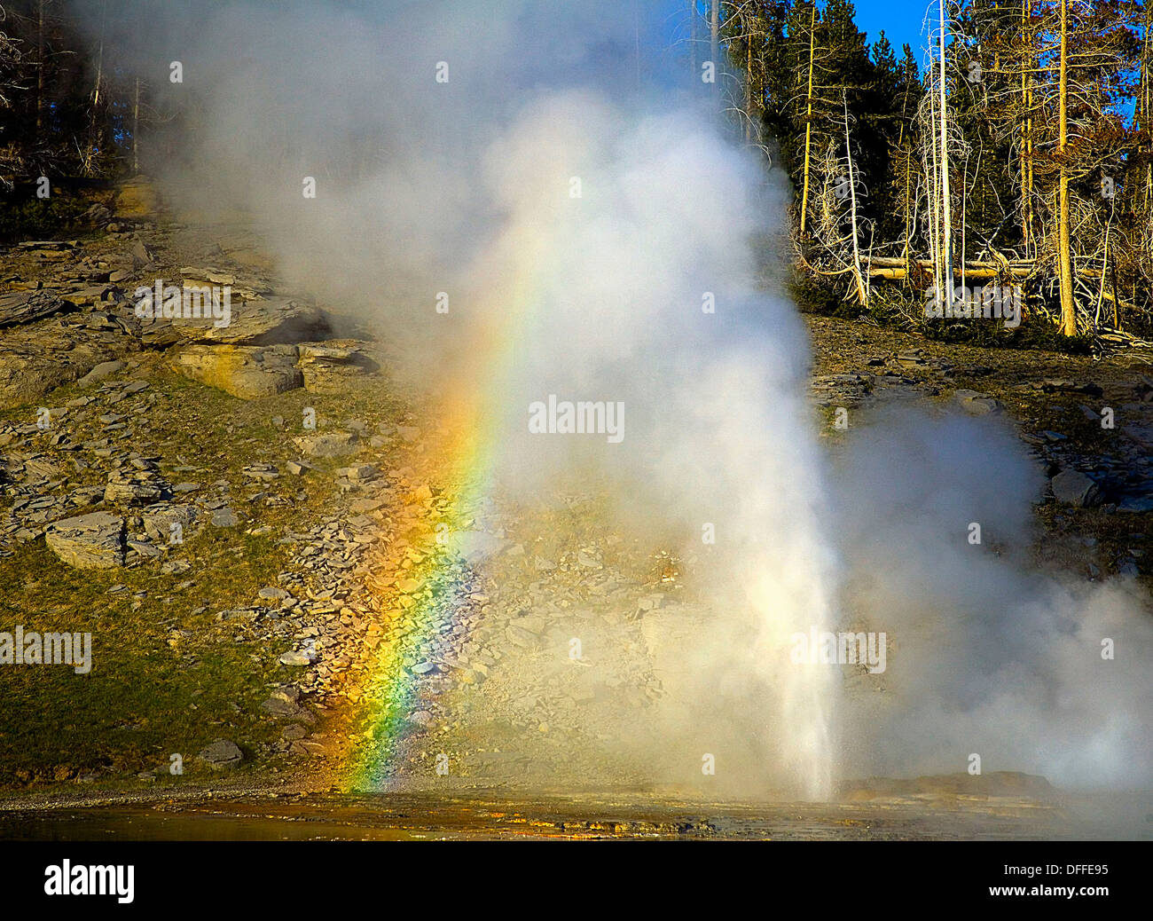 El géiser de ventilación produce un arco iris al atardecer en el Parque Nacional Yellowstone, Wyoming Foto de stock