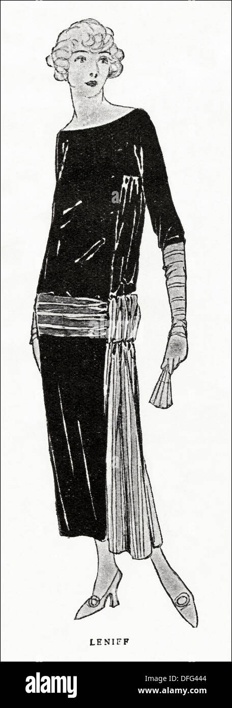 La charnela la moda de los años 1920. Vestido de negro con rayas colouful  saltin un cinto de raso por el diseñador Lenief. Ilustración vintage  original de una revista de moda mujer