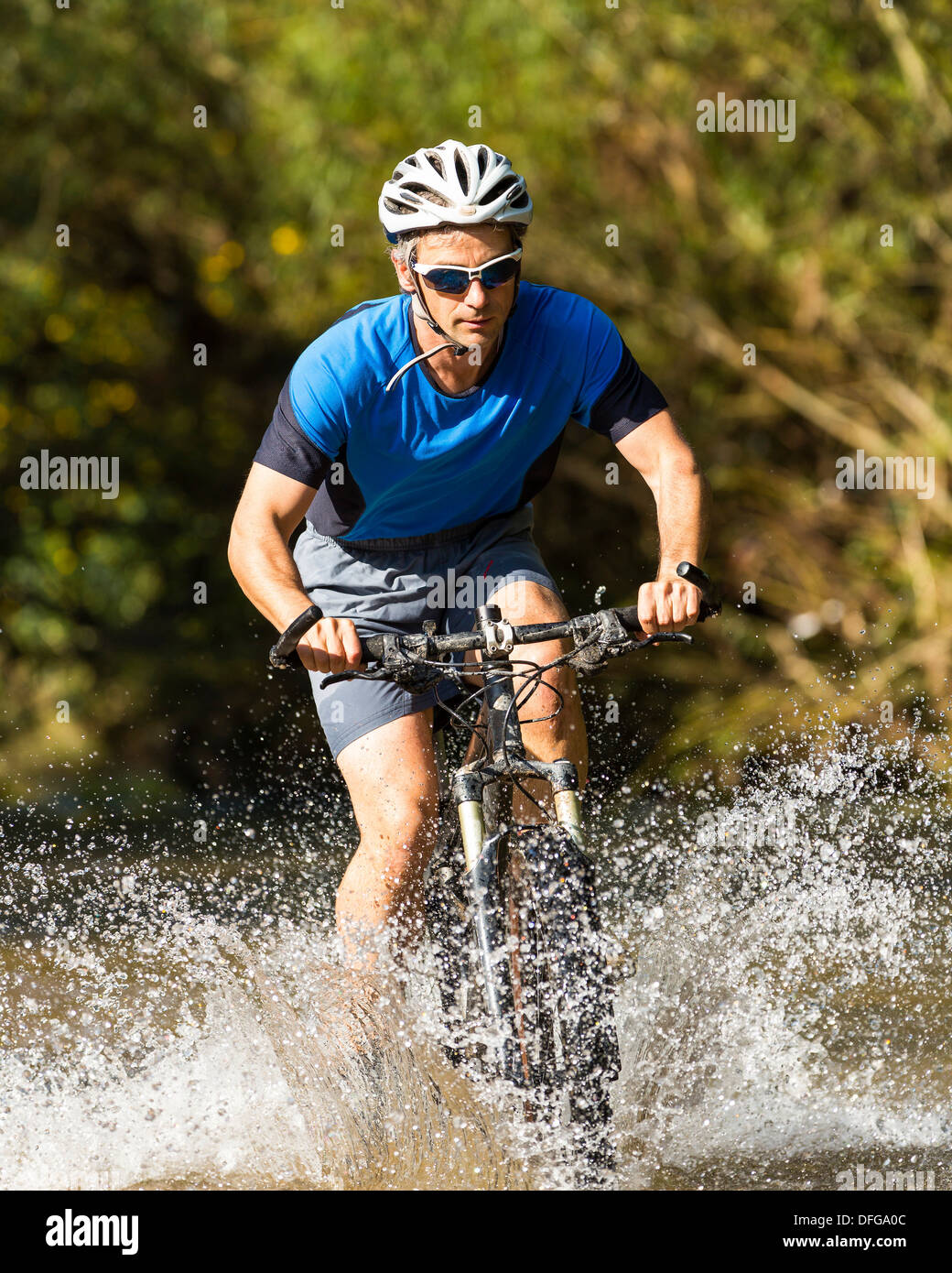 Ciclista de montaña cruzar un arroyo, Winterbach, Baden-Württemberg, Alemania Foto de stock