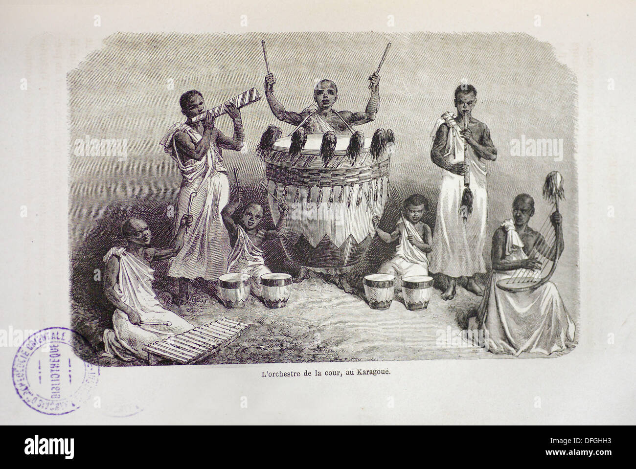Grabado, placa ilustrativo de 'Les Sources du Nil. Journal de voyage du Capitaine John Hanning Speke' (1865), de John Hanning Foto de stock