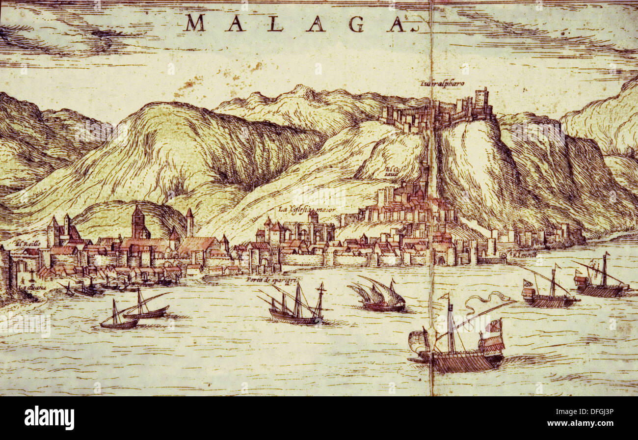 Desde la 'Civitates orbis terrarum' de 1572, por J. Hoefnagel, vista de Málaga. Andalucia. España. Foto de stock