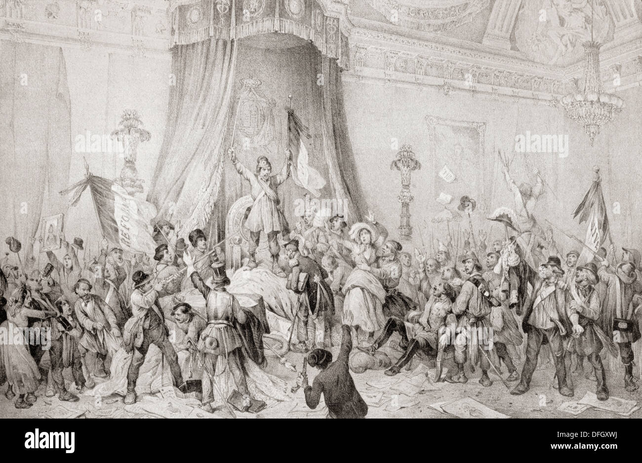 La revolución de París de 1848, la mafia en el salón del trono de las Tullerías. Foto de stock