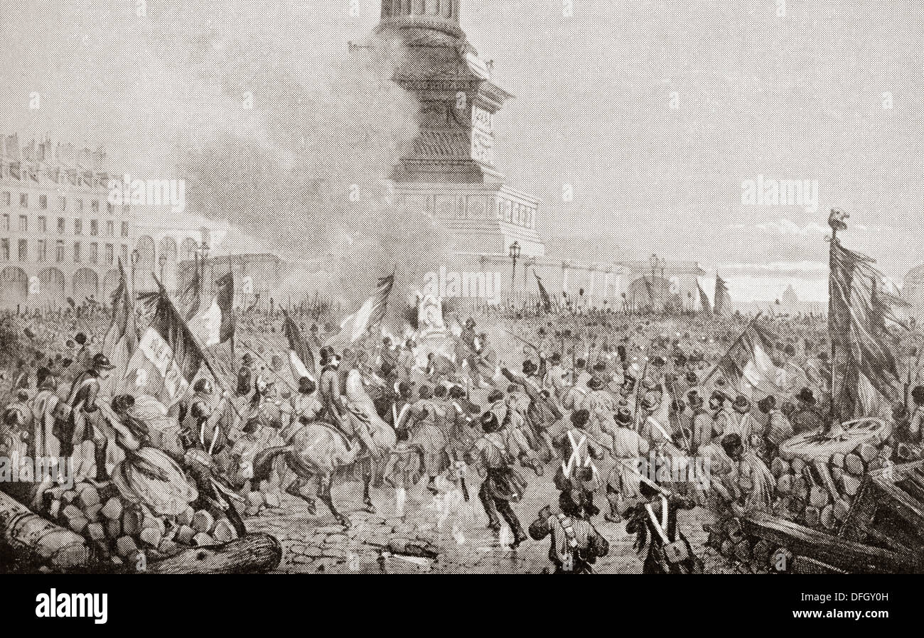 La enojada muchedumbre de París quema el trono real en la columna de Julio durante la Revolución de París de 1848. Foto de stock