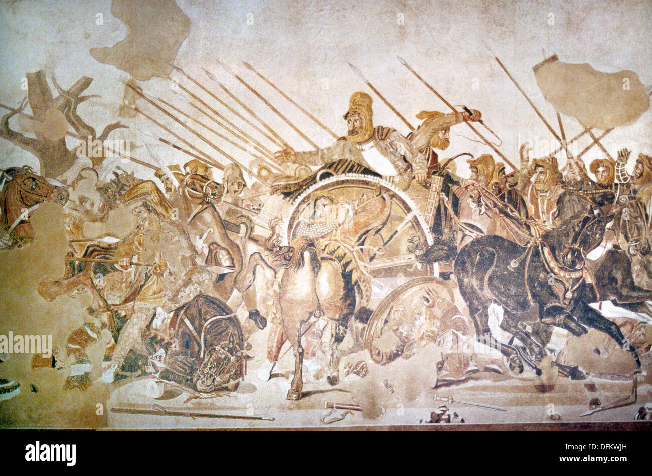 Mosaico de Darío II de Persia (en Chariot) versus Alejandro Magno, o Alejandro II de Madedón, en la primera Batalla de Issus (333BC) Foto de stock