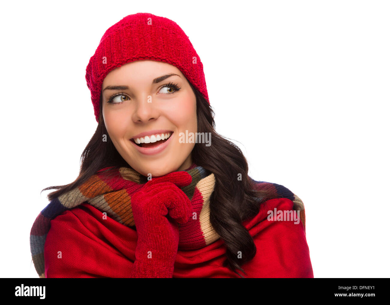 Muy feliz a la mujer en un gorro de punto y mitones de lana gris Fotografía  de stock - Alamy