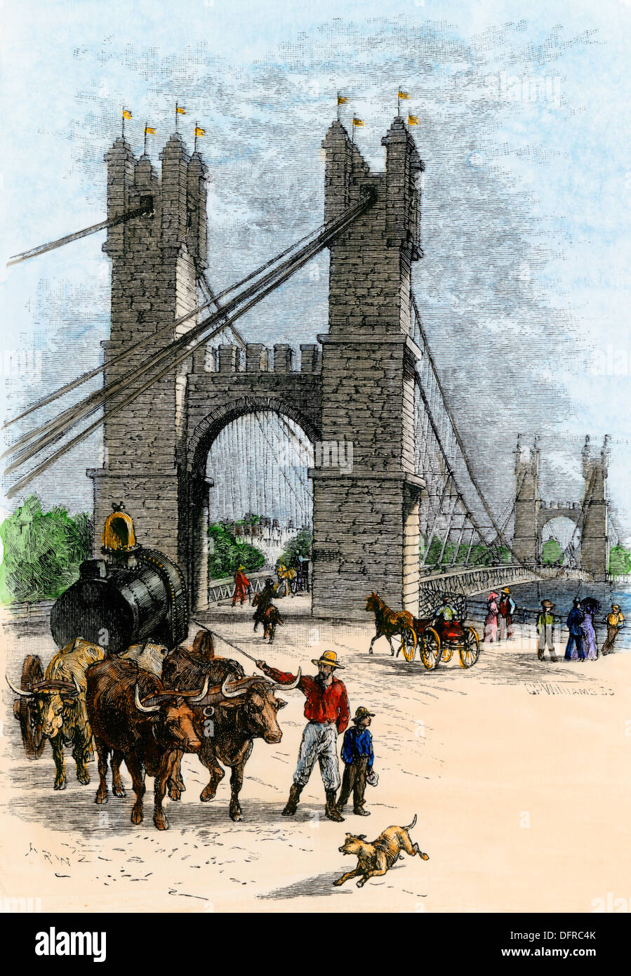 Carreta cruzando el puente colgante sobre el Río Mississippi en Minneapolis, en 1880. Xilografía coloreada a mano Foto de stock