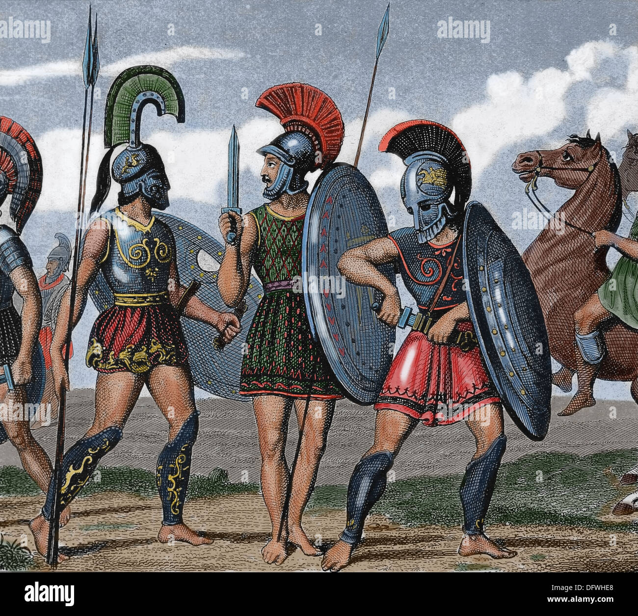Edad Antigua. Grecian guerreros en pie. Grabado en color. Siglo xix. Foto de stock