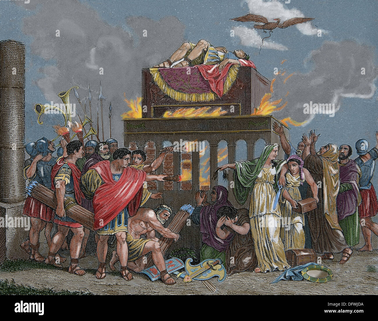 La antigua Roma. Funeral del emperador. Grabado en color. Siglo xix. Foto de stock