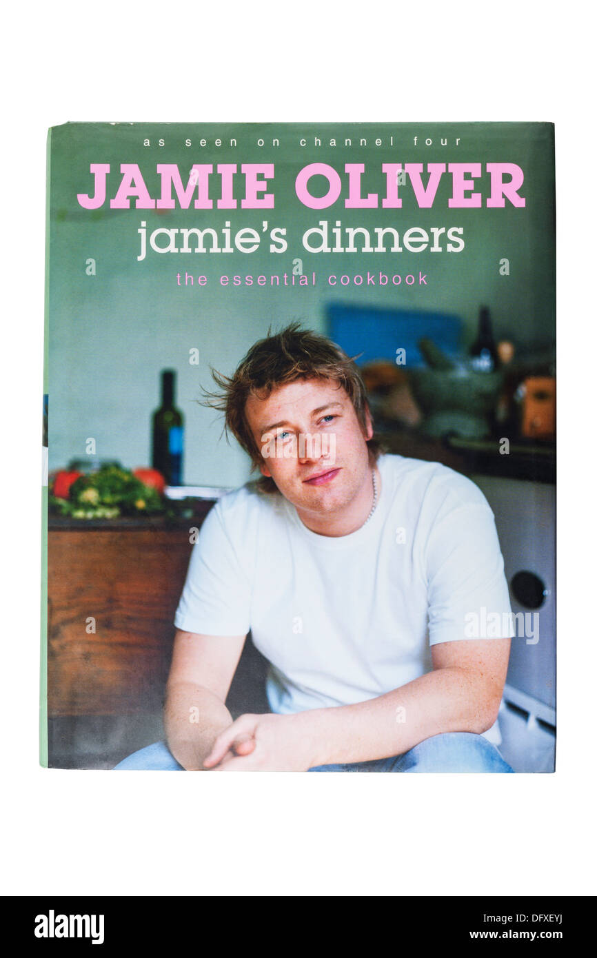 Las cenas de Jamie's cookbook libro de Jamie Oliver, sobre un fondo blanco. Foto de stock