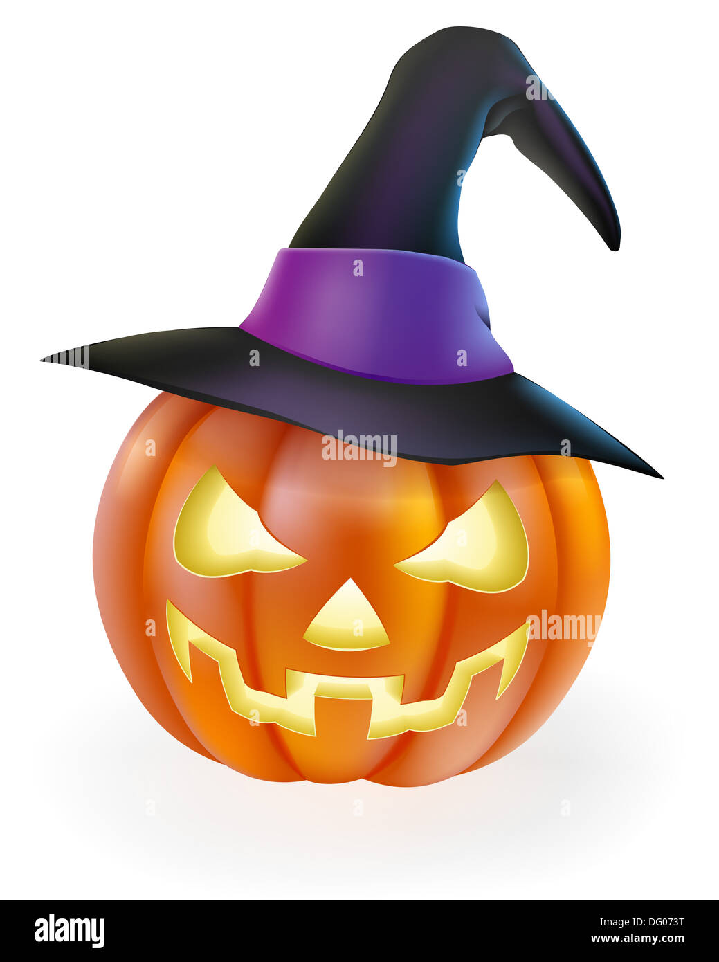 Un dibujo de una calabaza de Halloween de dibujos animados con el clásico  miedo rostro tallado en ella y llevando un gorro de bruja puntiagudas  Fotografía de stock - Alamy
