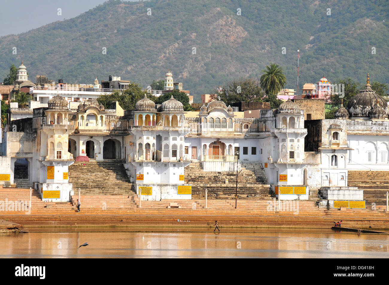 Ghats en Santa lago Pushkar y antiguos palacios Rajput, Pushkar, Rajastán, India, Asia Foto de stock