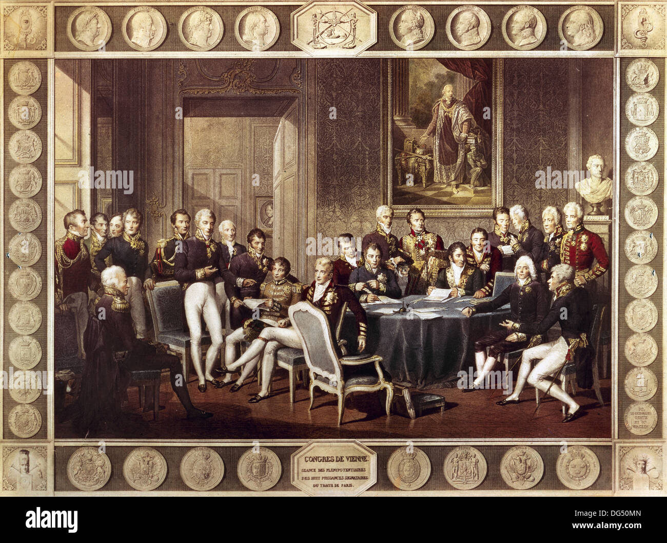 El Congreso de Viena, presidida por el estadista austriaco Metternich. Grabado en color. Foto de stock