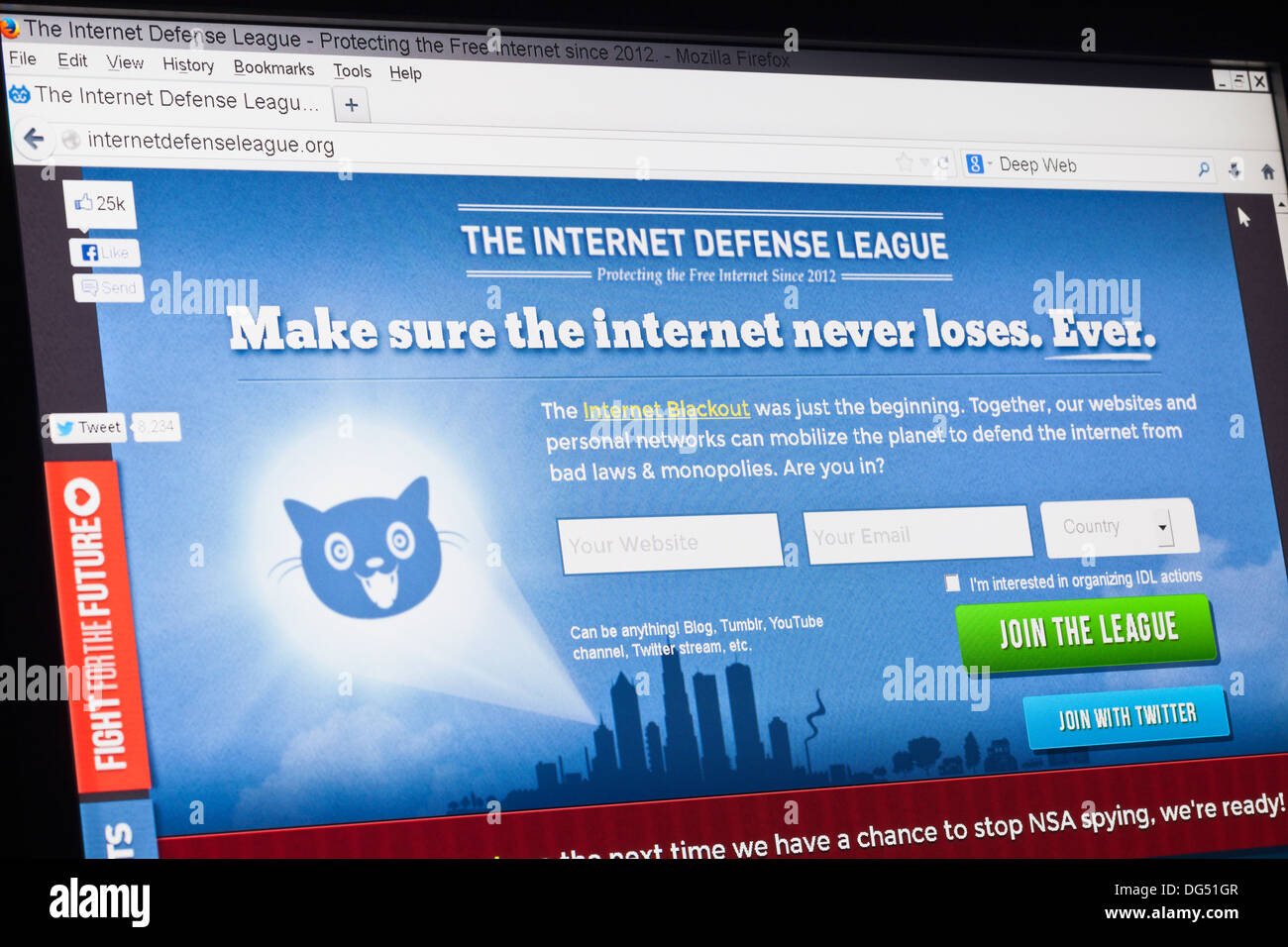Captura de pantalla de la liga de defensa de internet homepage Foto de stock