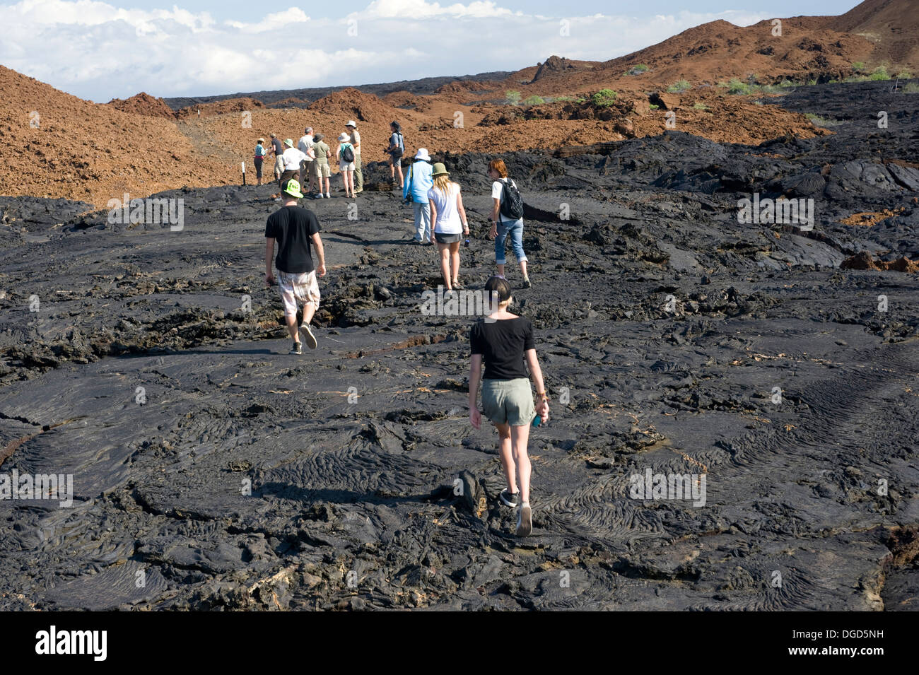 Los turistas que caminan sobre flujo de lava enfriada Galápagos Foto de stock