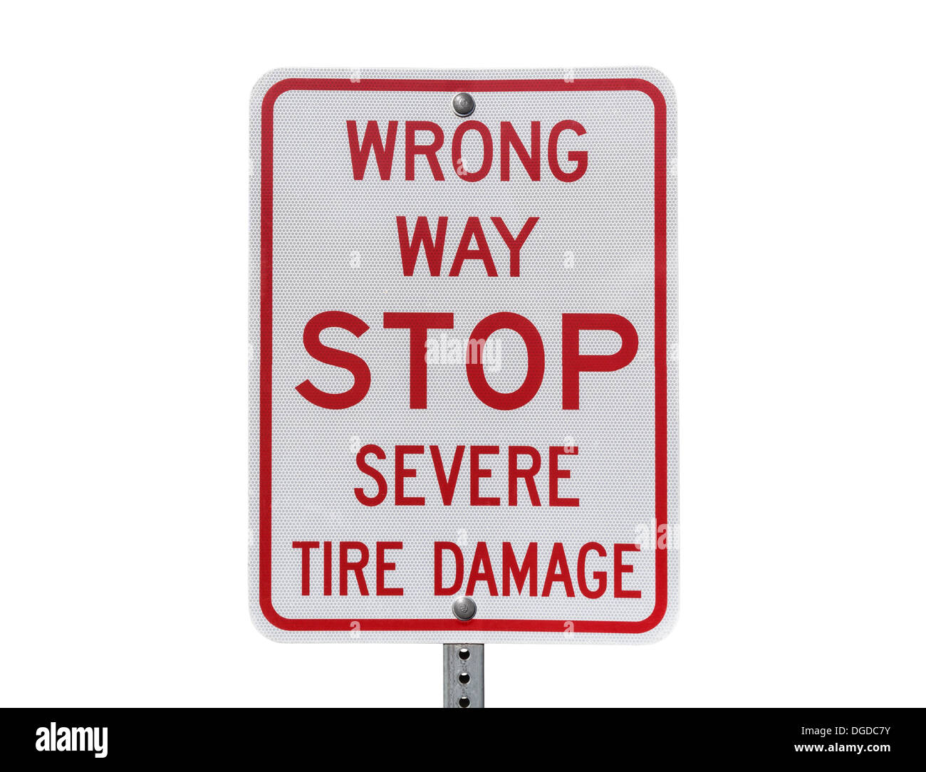 Camino equivocado dejar graves daños al neumático firmar. Foto de stock