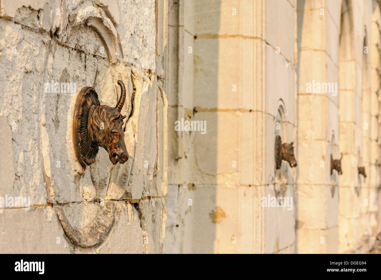 Cabeza de caballo como un anillo de enganche, Chateau de Saint Aignan, Saint Aignan sur Cher, Loir et Cher, Centro, Francia Foto de stock