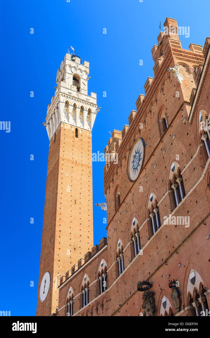 Piazza del Campo es la plaza principal de Siena, con vista sobre el Palazzo Pubblico y su Torre del Mangia. Foto de stock