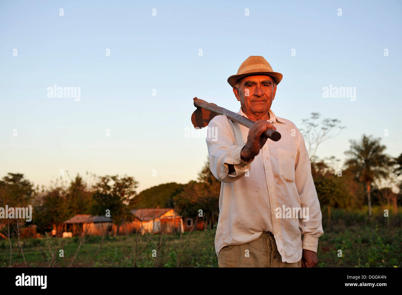 Campesino, de 70 años, de pie con una azada en un campo, pastoreo, departamento de Caaguazú, Paraguay Foto de stock