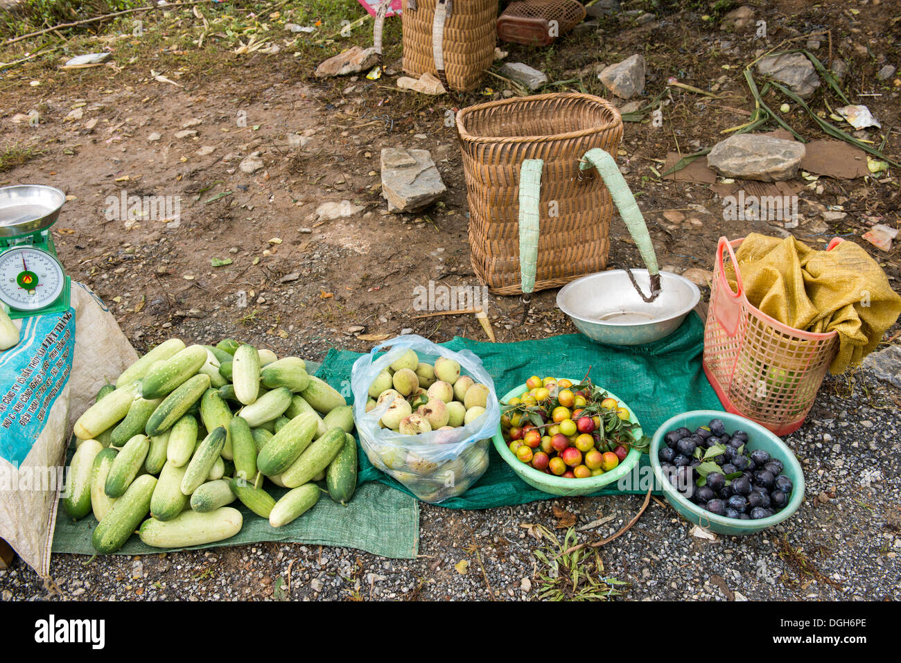 Grupo de la minoría Hmong flor gente vendiendo verduras, Bac Ha, Lao Cai, Vietnam Foto de stock