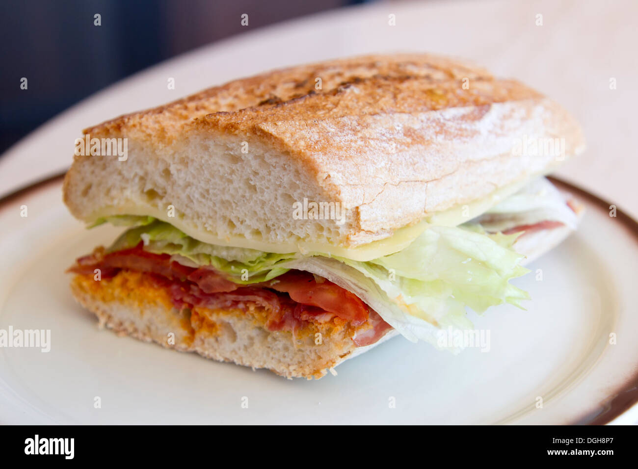 Español típico sándwich con jamón, queso y pan baguette Fotografía de