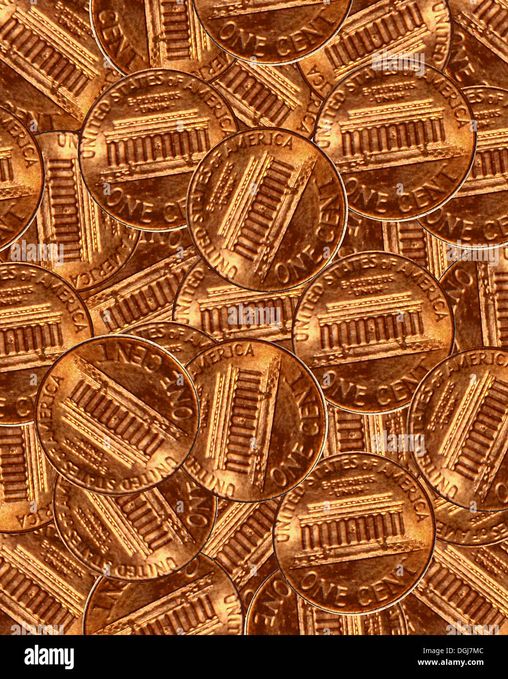 Un montón de monedas de un centavo estadounidense. Foto de stock