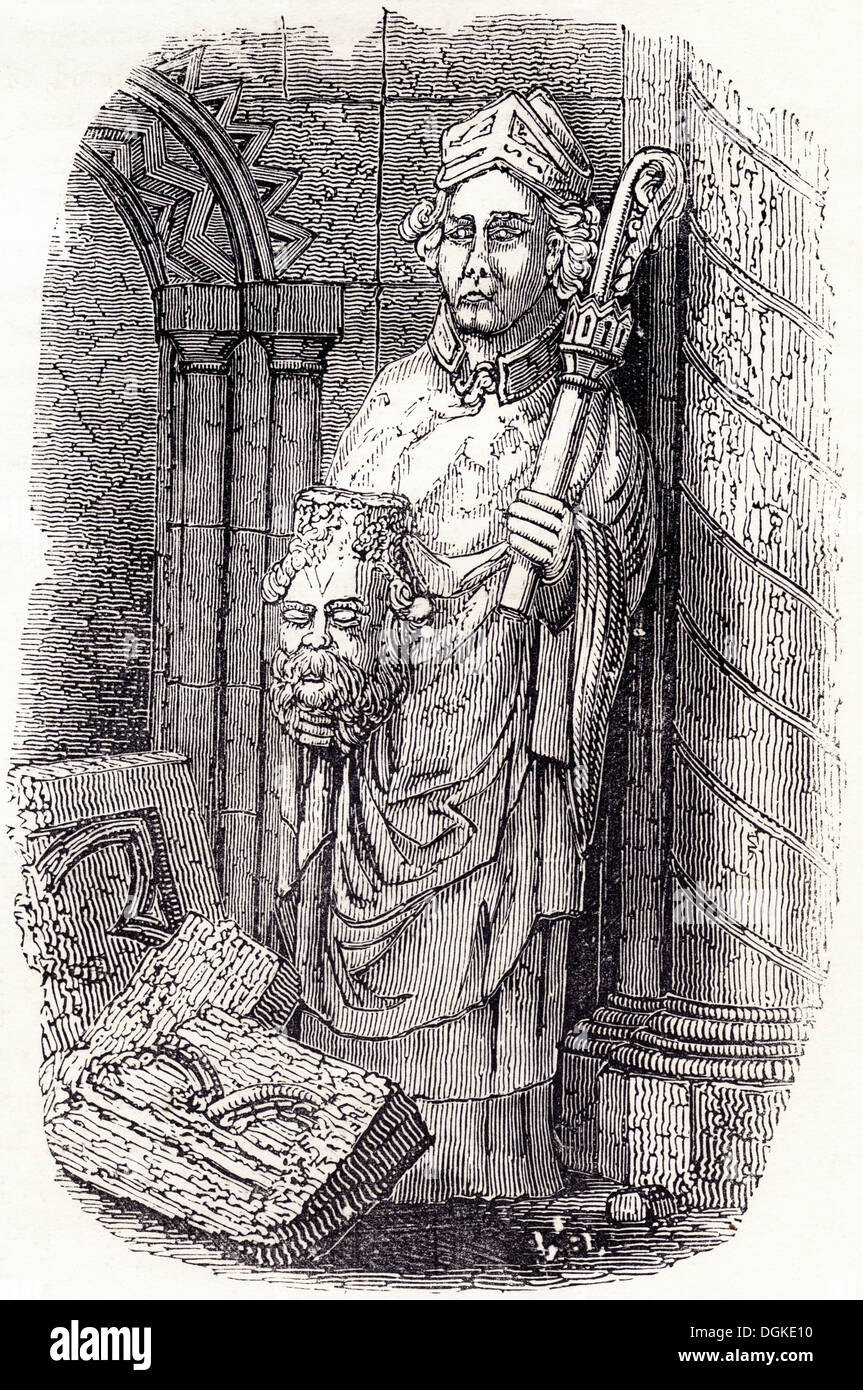 Gran Bretaña anglosajona. Saint Cuthbert, de uno de los cobertizos exteriores de la torre central de la catedral de Durham. Xilografía victoriano circa 1845. Foto de stock
