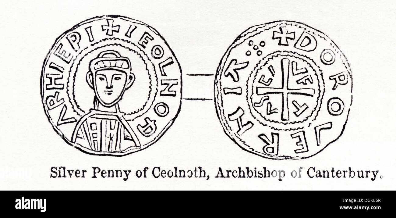 Gran Bretaña anglosajona. Penique de plata Ceolnoth Arzobispo de Canterbury. Xilografía victoriano circa 1845. Foto de stock