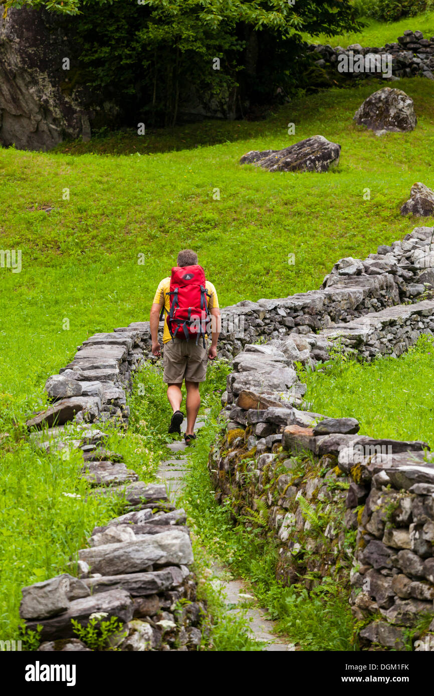 Un hombre caminando por un sabbione, bavona mulattiera cerca de valle, val bavona, valle de Maggia, valle maggia, Tesino, Suiza Foto de stock