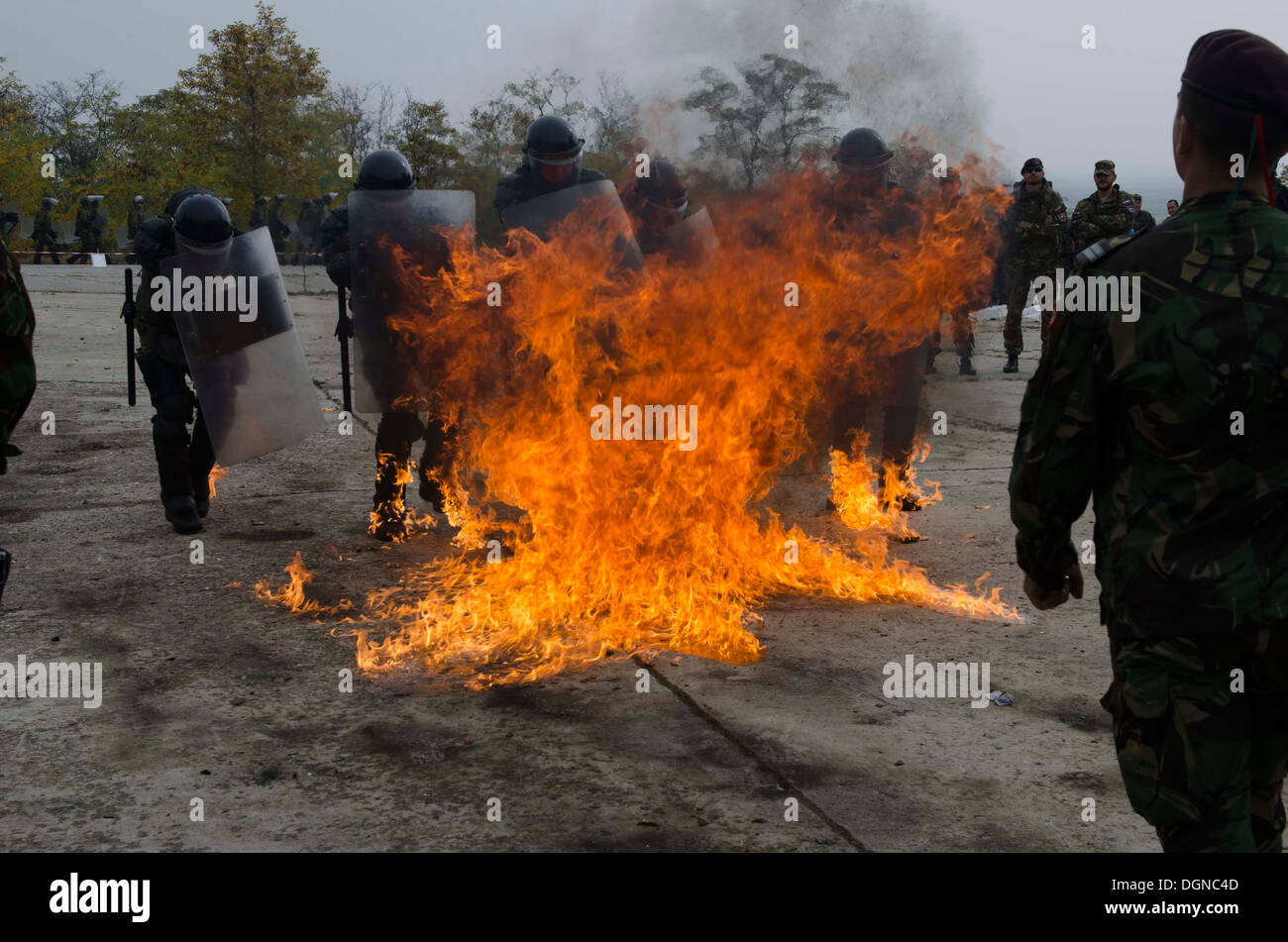 Los soldados de la KFOR y miembros de la Unión Misión por el Estado de Derecho en Kosovo (EULEX) realizó diversas líneas de formación en el campamento Vrelo el 15 de octubre como parte del tercer día de "Silver Sable" ejercicio de entrenamiento diseñado para mejorar las capacidades de control de multitudes y disturbios y deve Foto de stock