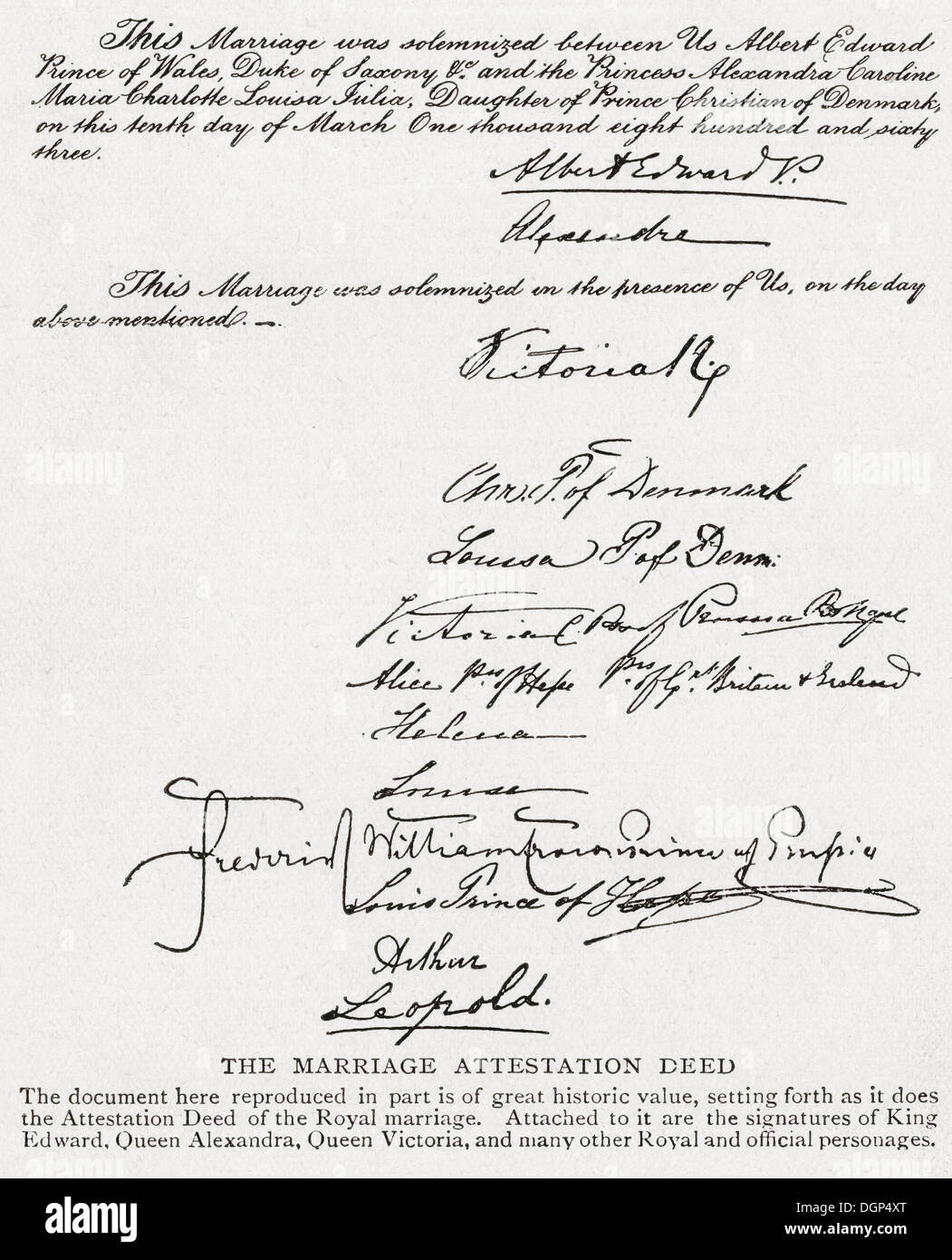 Parte del hecho de que el certificado de matrimonio en 1863 entre Albert Edward, el futuro Rey Eduardo VII, y Alexandra de Dinamarca Foto de stock