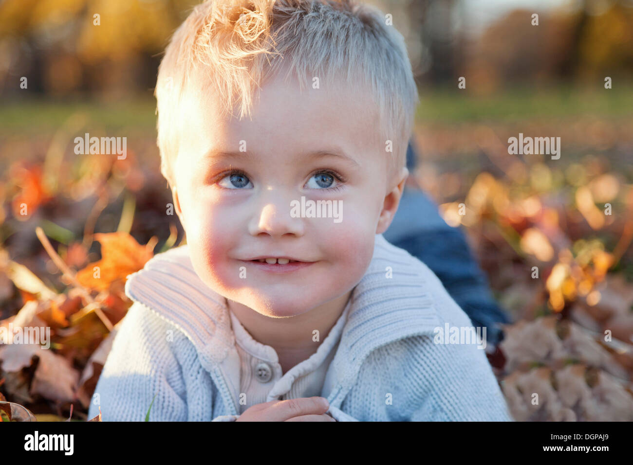 Dos-año-viejo muchacho acostado en hojas de otoño Foto de stock